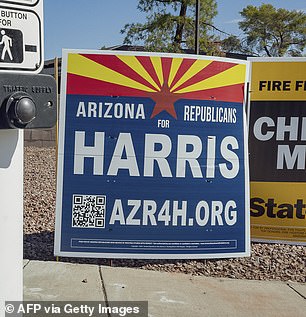 A sign Republicans for Harris on the side of the road