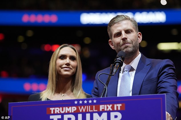 Eric Trump and his wife Lara speak for Republican presidential candidate, former President Donald Trump, during a campaign rally at Madison Square Garden, Sunday