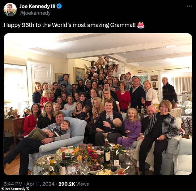 An image of Ethel Kennedy surrounded by family celebrating her 96th birthday in April, shared by her grandson