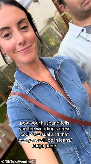 “POV: Your husband tells you the wedding dress code is casual and everyone will be wearing jeans/cargo pants,” the content creator wrote