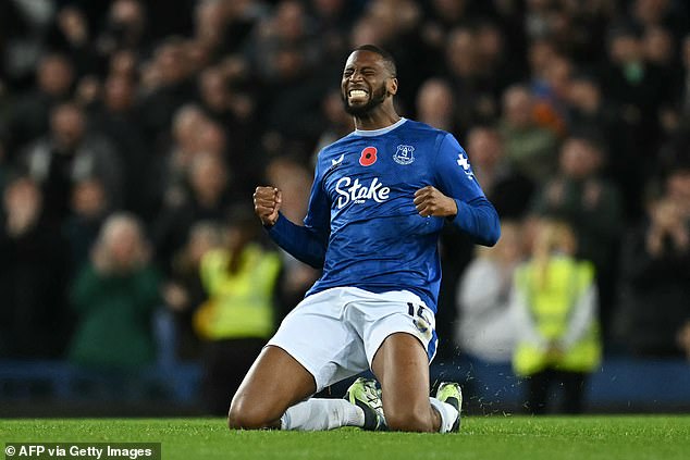 Substitute Beto celebrates after scoring a late equalizer for Everton against Fulham