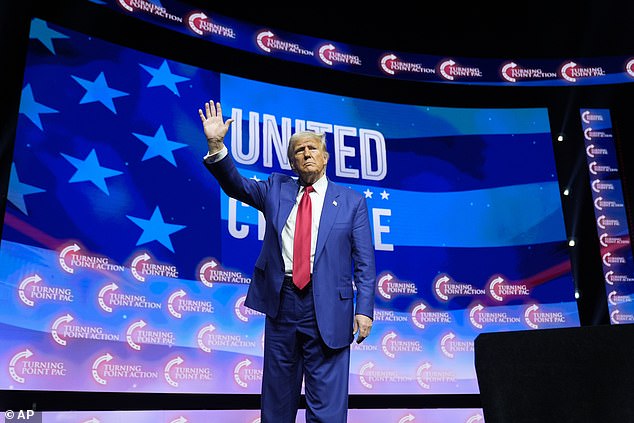 Republican presidential candidate, former President Donald Trump, waves to the crowd after speaking during a campaign rally at the Thomas & Mack Center, Thursday, Oct. 24, 2024, in Las Vegas. The Republican condemned Rogan in August, writing that he hoped he would be booed