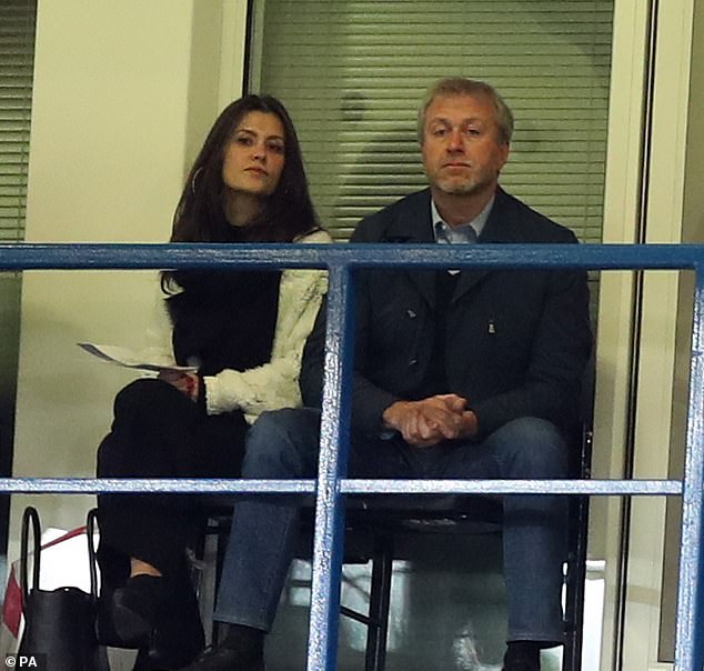 Granovskaia pictured in 2017, sitting next to Roman Abramovich (right) at Stamford Bridge