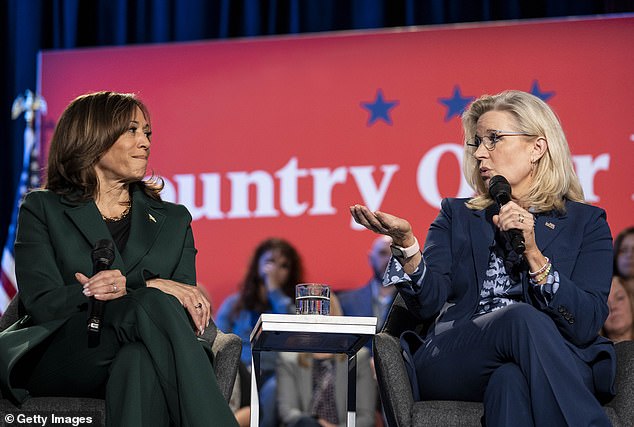 Liz Cheney speaks with Vice President Kamala Harris on October 21 in Royal Oak, MI. She said millions of Republicans will quietly vote for the Democratic presidential candidate in the November election