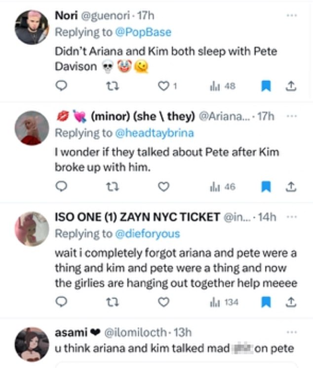 “I just know Ariana and Kim were dragging Pete all night,” one person wrote, while someone else wondered if the two had “exchanged Pete stories.”