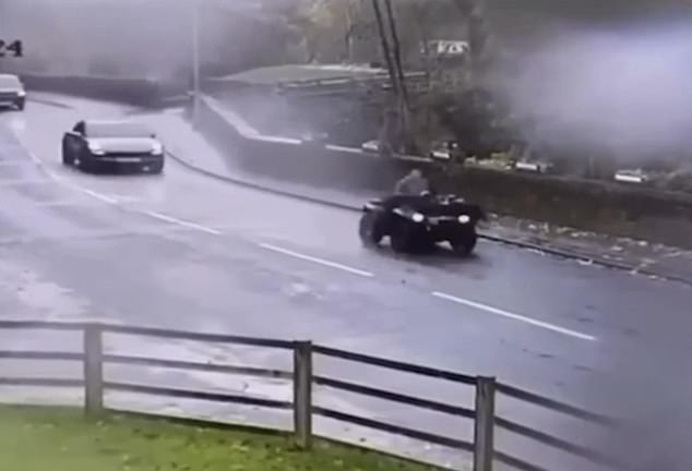 A farmer was captured on CCTV driving through Lancashire with two boys, aged 17 and 20, strapped to his quad bike after accusing them of trespassing