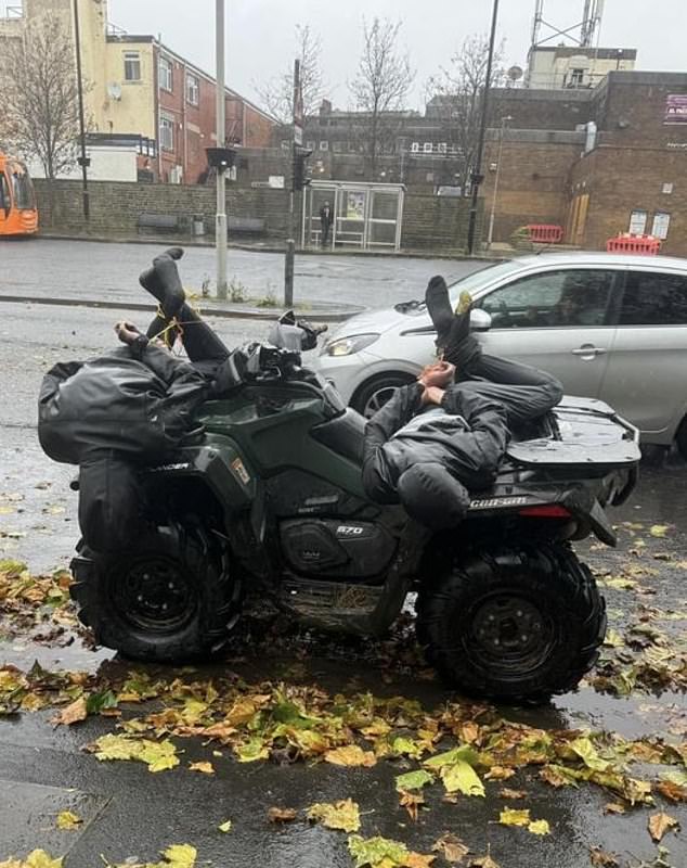 The farmer tied the two 'terrified' men to the bicycle because someone claimed he almost fell off a few times