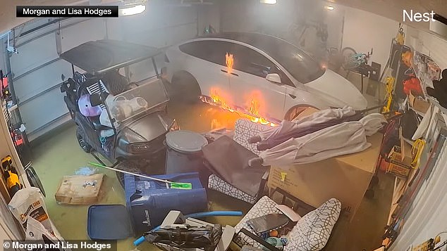 This moment's Nest video shows an explosion happening underneath the electric car and it catching fire within a minute