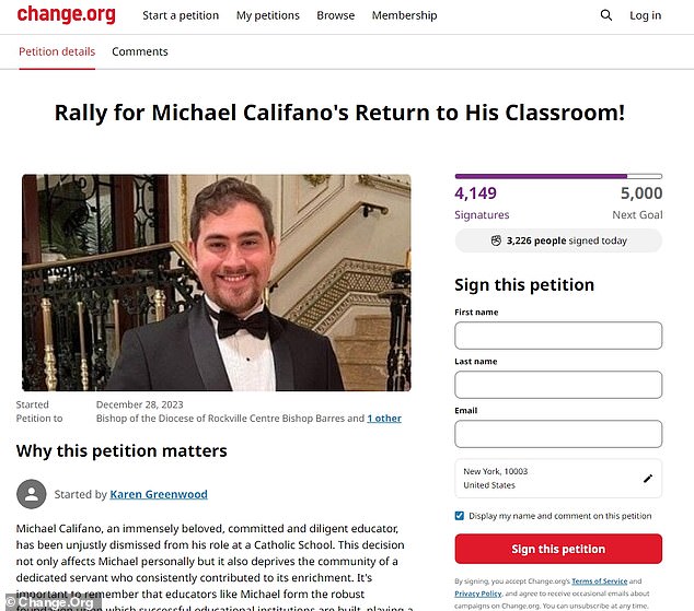 The petition stated that Califano was an “immensely loved, dedicated and diligent educator” who had been “wrongfully terminated.”