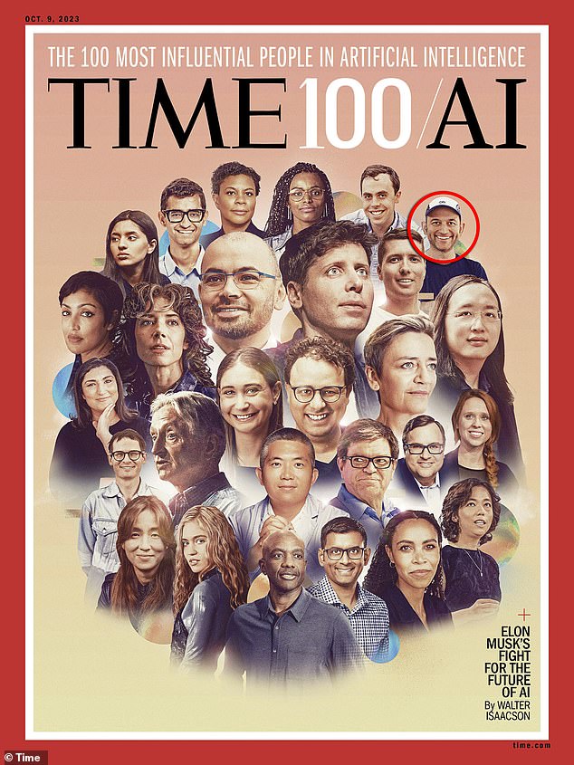 Last year's Time Magazine cover story profiling leaders in artificial intelligence. Noam Shazeer's face is located at the top right and is circular. The cover also features Sam Altman, the founder of OpenAI, the company that created ChatGPT