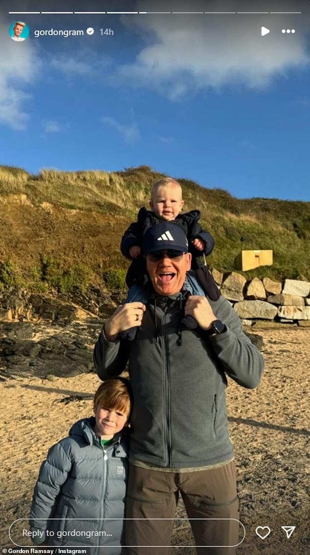 Gordon Ramsay, 57, shared a series of adorable family photos with his wife and two youngest children on Sunday as he enjoyed the autumn sunshine in Cornwall