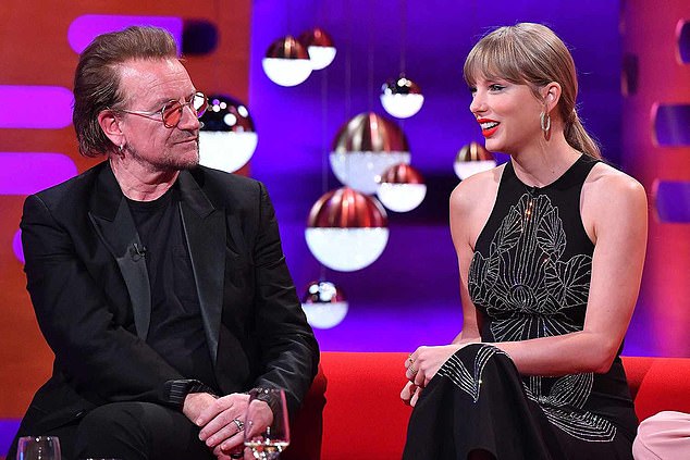 “Someone like Taylor Swift, who is maybe the most famous woman in the world – I don't know if it's an act, but she seems so normal,” he told the radio hosts. Pictured with U2 frontman Bono