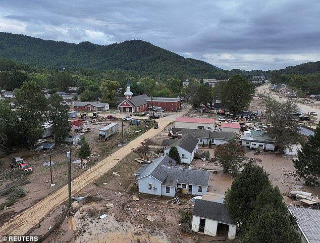 A drone shot shows a damaged area in Swannanoa, North Carolina on September 29, 2024, after Hurricane Helene tore through the southern state