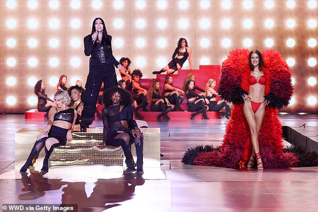 Cher and Bella Hadid on the catwalk during the Victoria's Secret Fashion Show held at the Brooklyn Navy Yard on October 15 in New York