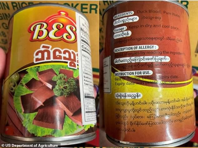 Cans of duck blood (pictured above) have been illegally imported into the US from Myanmar