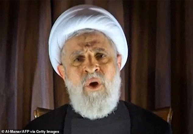 Acting leader Sheikh Naim Kassem (pictured) said in a defiant televised statement today that more Israelis would be displaced if Hezbollah continued to fire on Israel.