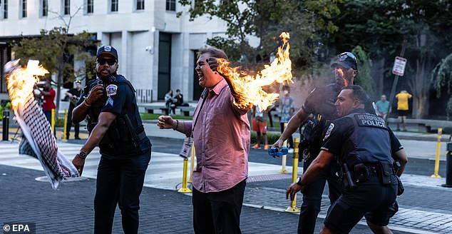 Samuel Mena Jr. attempted to set himself on fire Saturday in Lafayette Park, where a large number of people were gathered