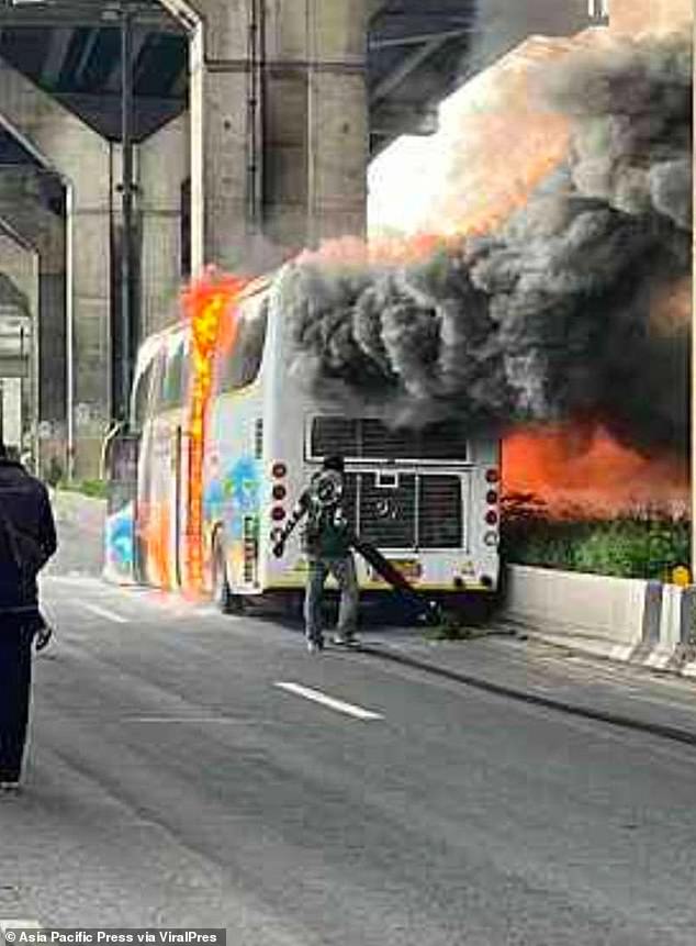 The bus was carrying children from Wat Khao Phraya Sangkharam school in Uthai Thani province when it caught fire on a road in Pathum Thani province on the outskirts of Bangkok at around 12.38pm local time.