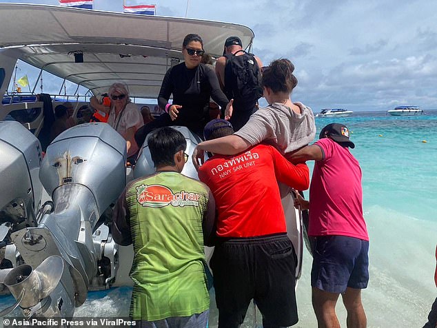 Rescuers stopped the bleeding and gave her painkillers before carrying her ashore and taking her to hospital