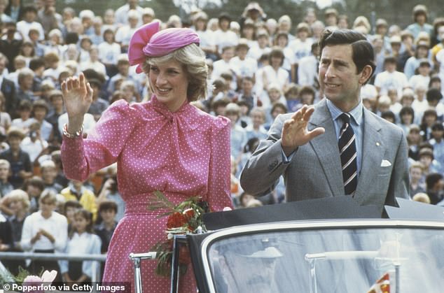 The Princess of Wales and Prince Charles wave to the crowd at the Bentley Hockey Stadium in Perth during their visit to Australia in 1983