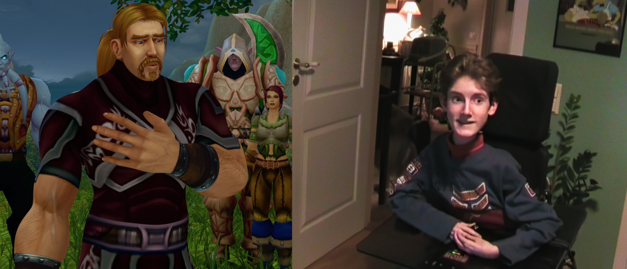 Side by side photos of a World of Warcraft character and a young disabled man in a wheelchair