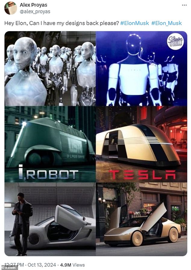 Alex Proyas posted photos from his 2004 film 'I, Robot' (left) alongside Tesla's remarkably similar designs (right)