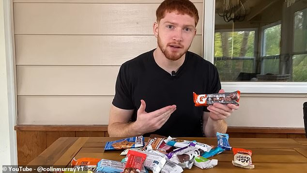 Colin Murray from Wisconsin took on the daring challenge hoping it would boost his muscle growth. He is pictured above with the first set of bars he consumed