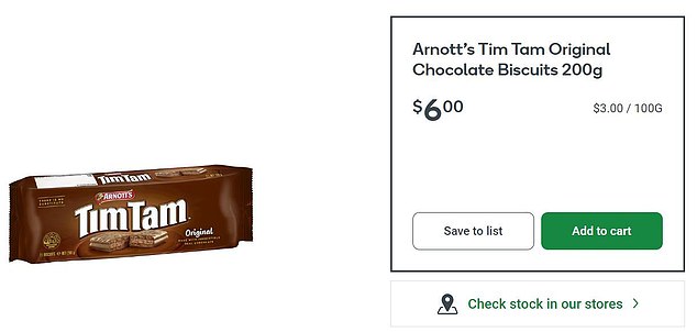 A pack of Arnott's Original Tim Tam will cost Aussies $6 if purchased from Coles or Woolworths (pictured in the Woolworths online store)