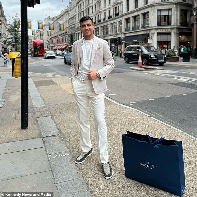 Entrepreneur Ali Hasani, 22, pictured on a recent trip to London where he bought a number of designer items