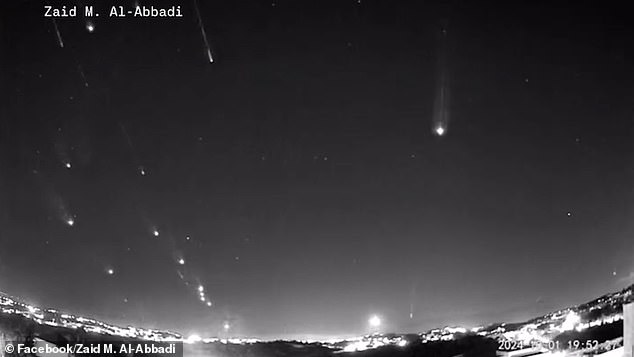 The CCTV footage shows dozens of ballistic missiles hurtling towards their intended targets in Israel before the country's advanced defense system went into action.