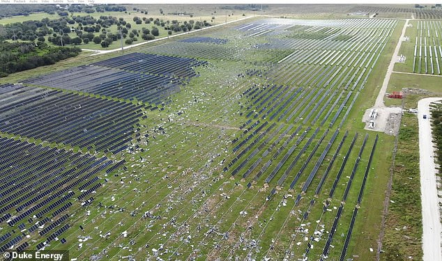 Shocking drone footage has revealed the devastation at a Florida solar farm after a tornado spawned by Hurricane Milton pierced the panels