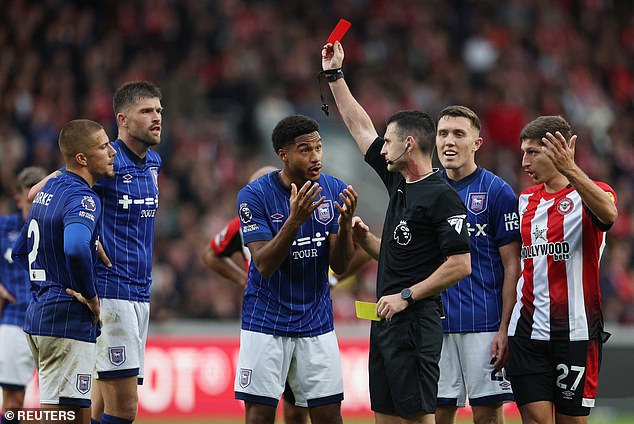 Harry Clarke (left) was sent off in the 69th minute as Ipswich lost to Brentford on Saturday