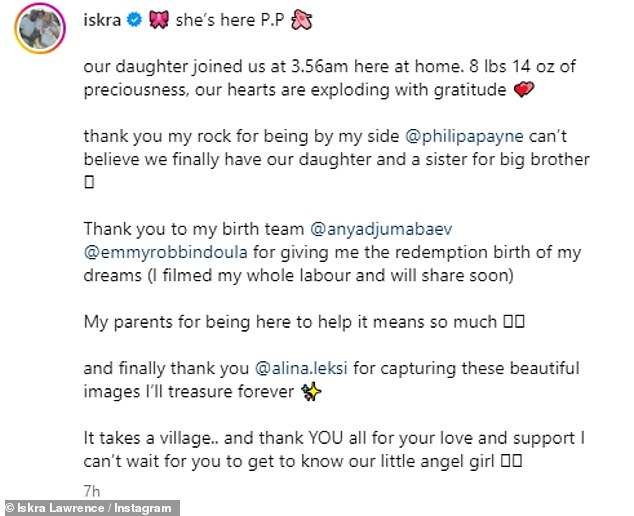 Iskra wrote in her post: 'She is here, PP, our daughter came home to us here at 3.56 am. Weighing 8 pounds and 14 oz, our hearts explode with gratitude