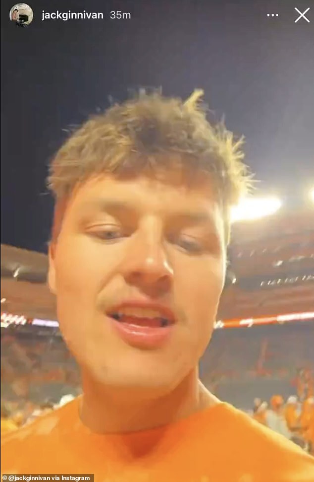 Jack Ginnivan posted a video of himself on Instagram during Tennessee's win against Alabama on Saturday