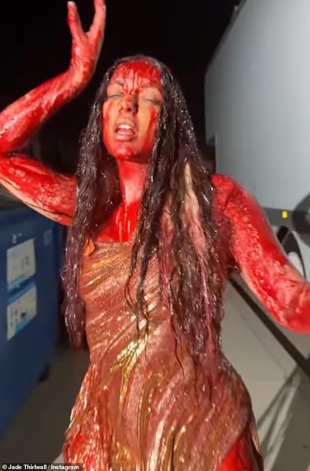 The singer was completely drenched in fake blood in a scene that mirrored the iconic horror Carrie, as fans noted the similarity between the two