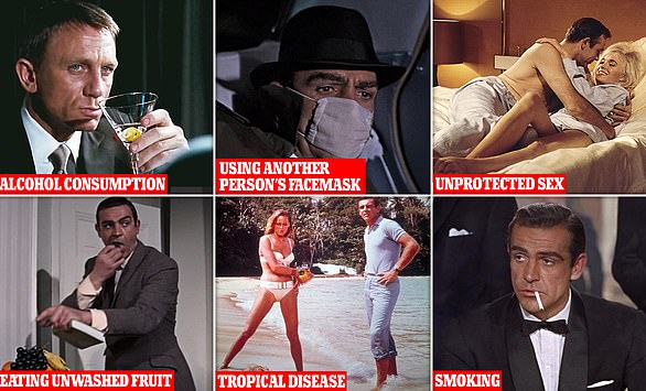 Risks to Bond's health in the films made by Eon Productions include alcohol consumption (as seen here in 'Casino Royale'), using someone else's face mask ('You Only Live Twice'), casual sex, some carries the risk of STDs ('Goldfinger'), eating unwashed fruit ('Thunderball'), diseases in tropical locations and smoking (both 'Dr. No')