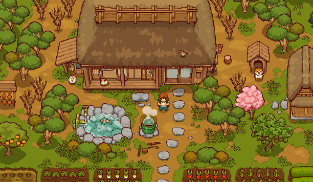 A wide shot of a 16-bit illustration of a farm, including a pond, a bath, a cottage and some young trees.