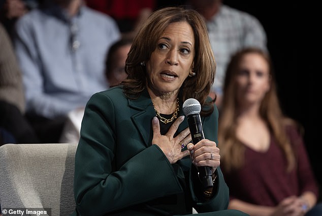 Democratic presidential candidate U.S. Vice President Kamala Harris answers questions during a town hall-style campaign event with former U.S. Rep. Liz Cheney