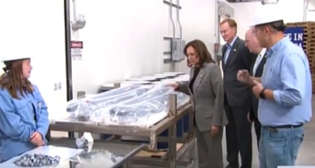 Kamala Harris has been brutally mocked online after she tried to touch razor-sharp silicon during a tour of a semiconductor factory in Michigan