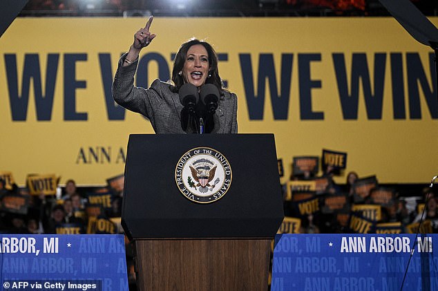 Vice President Kamala Harris speaks during her rally in Ann Arbor, MI on October 28