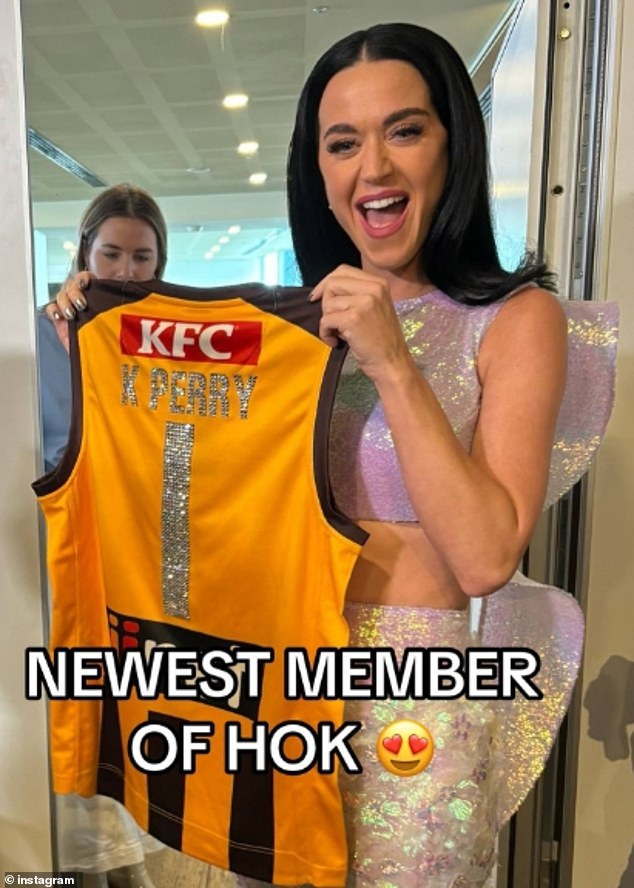 American pop singer Katy Perry was this week rewarded with a very special gift from the Hawthorn Football Club after her stellar performance at the AFL Grand Final on Saturday. Pictured: The 39-year-old American star received a personalized HFC footy jersey with her name and the number one stenciled in silver sequins