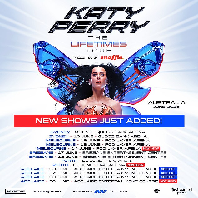 The singer shared an updated image of her Down Under tour poster on Instagram and revealed three new shows have been added to the schedule, with Perth, Adelaide and Melbourne the lucky cities to receive an extra dose of the Teenage Dream star.