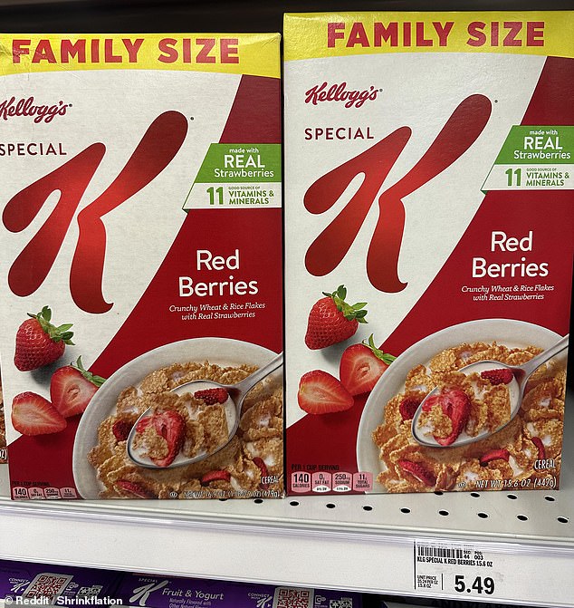 A photo circulating on the social media site Reddit shows how the brand has increased the Special K family size but actually reduced the number of ounces of cereal in the box