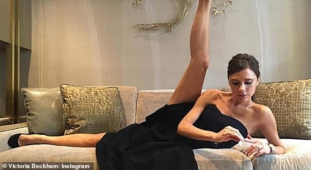 The hilarious incident that sparked Kelly's cheeky comment happened as she lay on the floor and struck one of Victoria Beckham's famous poses (pictured)