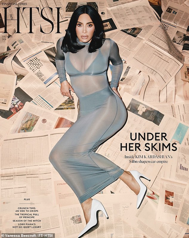 Kim Kardashian, 43, showed off her underwear in a sheer blue dress as she stunned on the cover of Financial Times magazine