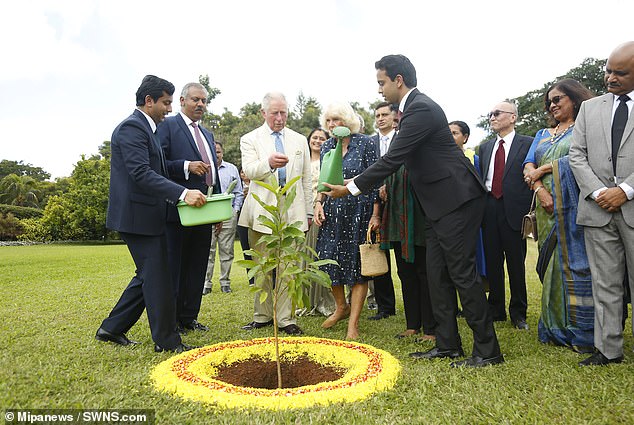 Charles helps plant a tree at the Soykya resort on his 71st birthday in November 2019