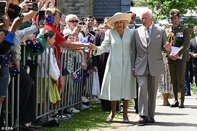 The King and Queen beamed in bright sunshine as they arrived for a church service on their first full day of engagement in Australia