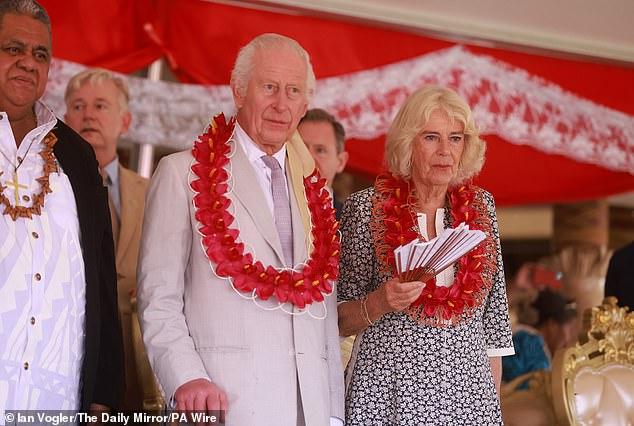 King Charles III and Queen Camilla during a farewell ceremony in Siumu Village on the last day of the royal visit to Australia and Samoa