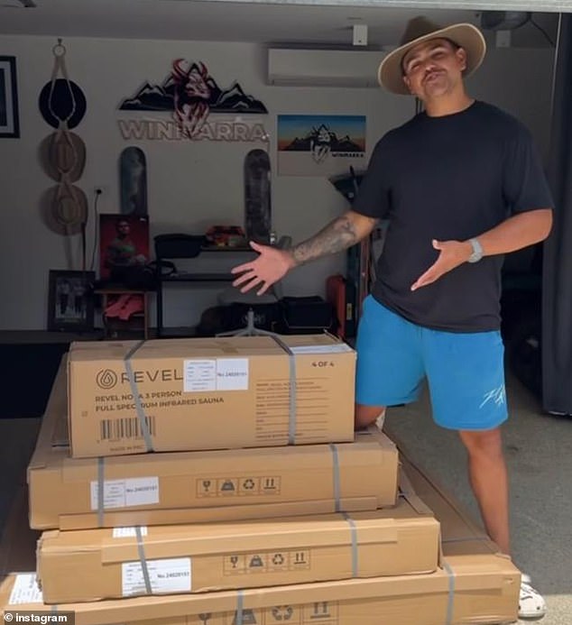 Latrell Mitchell is pictured with the sauna he is installing at his home as he turns it into a training base in the off-season