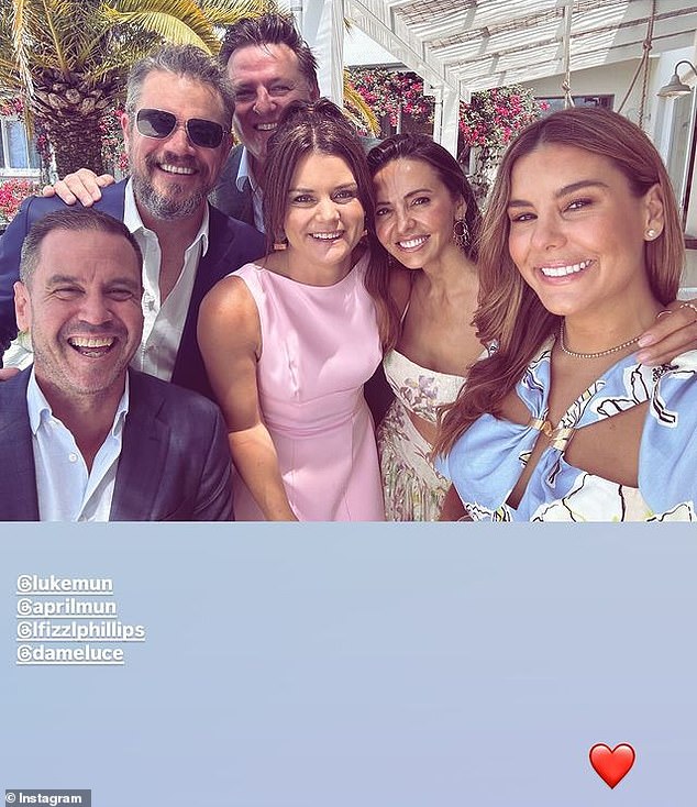 Lauren Phillips (far right) spent the weekend with her A-list friends Chris Hemsworth, Elsa Pataky and Matt Damon (second from left)